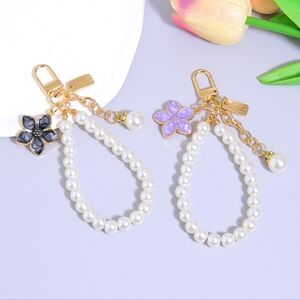 Pearl Loop Keychain with Purple Flower Charm